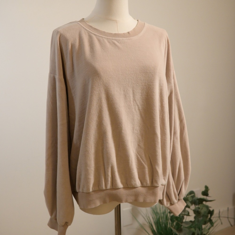 Young Fabulous & Broke Tan Velour Crewneck Sweatshirt Balloon Sleeve Medium